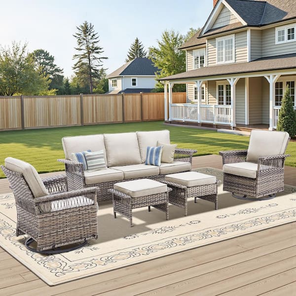 5-Piece Wicker Patio Conversation Set, Outdoor Swivel Chairs, Sofa and Footstools with Beige Cushions