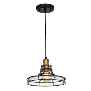 Paris 1-Light Black and Antique Gold Industrial Pendant with Black Cage and Clear Glass Shade