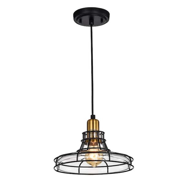 Edvivi Paris 1-Light Black and Antique Gold Industrial Pendant with Black Cage and Clear Glass Shade