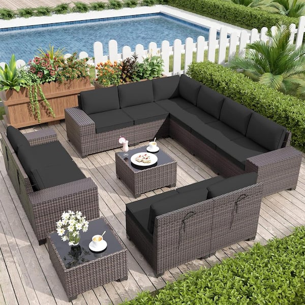 Halmuz 12-Piece Wicker Outdoor Sectional Set with Cushion Black