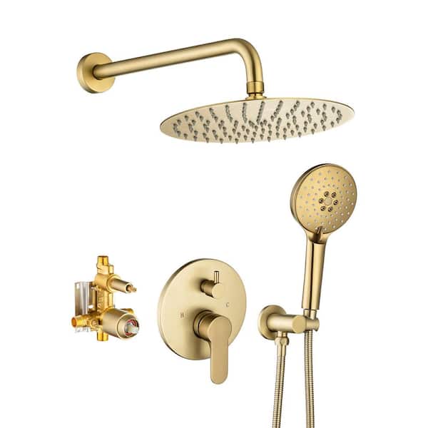 Lukvuzo Wall Mount Shower Faucet Mixer Set Shower System with Round Rain Head Handheld Spray Rough-in Valve in Golden Brass