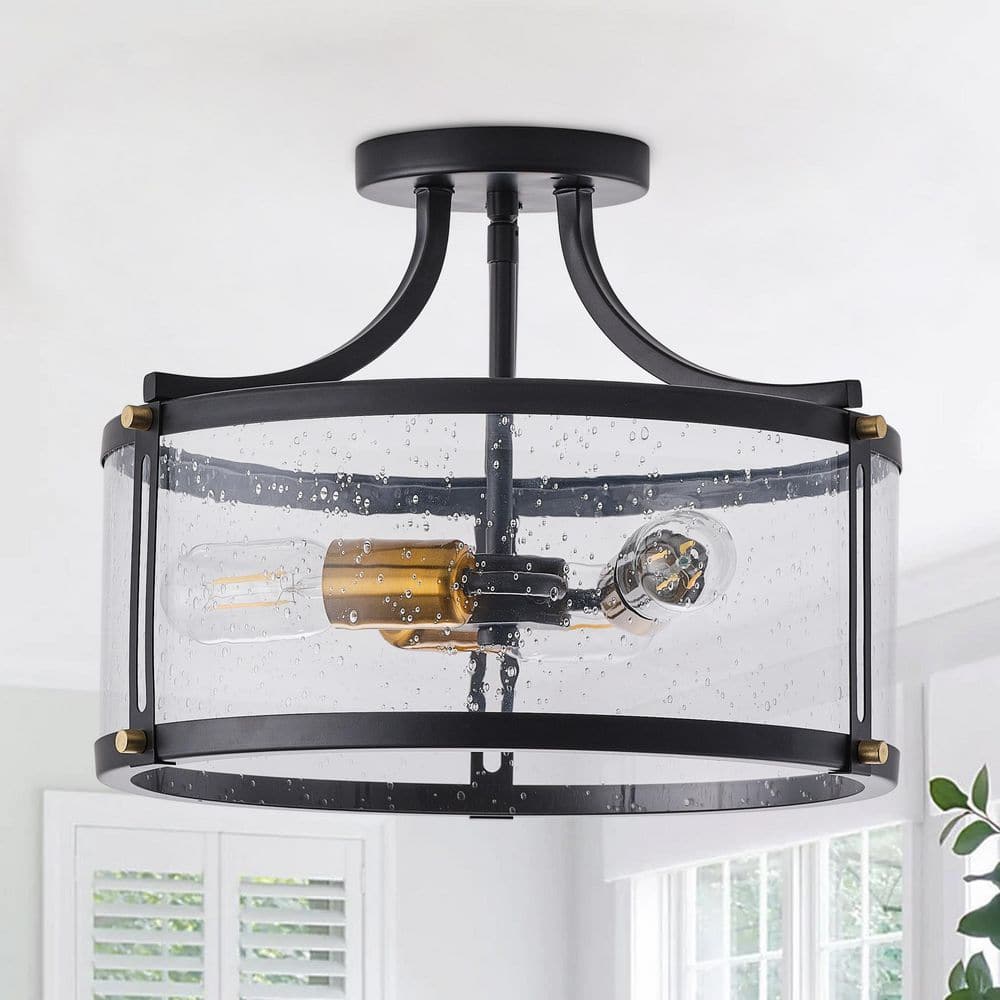 15.7 in. 3-Light Industrial Black Semi-Flush Mount Ceiling Light with Seede