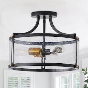 15.7 in. 3-Light Industrial Black Semi-Flush Mount Ceiling Light with Seeded Glass Shade