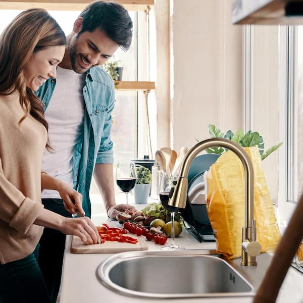 Single-Handle Pull-Down Sprayer Kitchen Faucet with Stream and Power Spray Mode in Brushed Gold