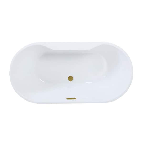 Aqua Eden 63 in. x 29.5 in. Acrylic Flatbottom Freestanding Soaking Bathtub in Glossy White/Brushed Brass with Drain