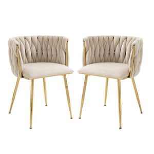 Modern Ivory Velvet Leisure Dining Arm Chair with Metal Legs (Set of 2)