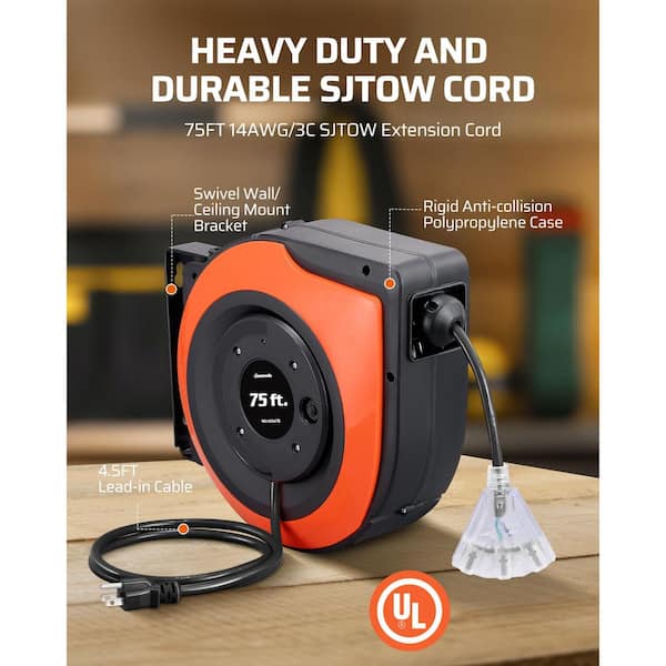 75 ft. 14/3 SJTOW 13 Amp Retractable Extension Cord Reel with Lighted Triple Tap Outlets, Wall/Ceiling Mounted