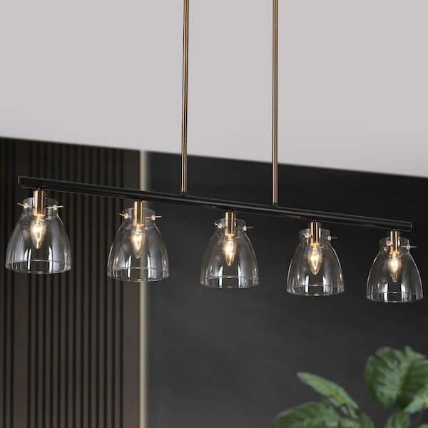 38 in. Large Modern Brass Hanging Light, 5-Light Black Island Chandelier for Dining Room with Bell Clear Glass Shades