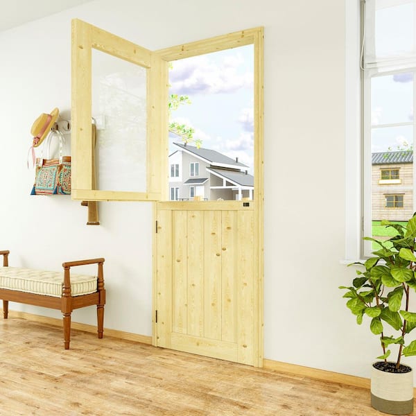 30 in. x 80 in. Solid Pine Universal 1-Lite Clear Glass Unfinished Pine Wood Front Door Slab-Dutch Door Design