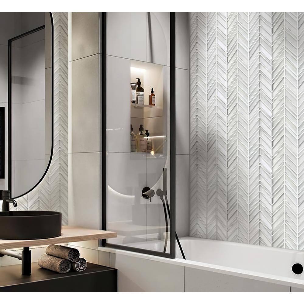White Chevron Polished and Matte Glass Mosaic Tile
