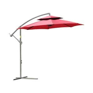 9 ft. Steel 2-Tier Easy Tilt Open Cantilever Patio Umbrella with Cross Base and Hand Crank in Red