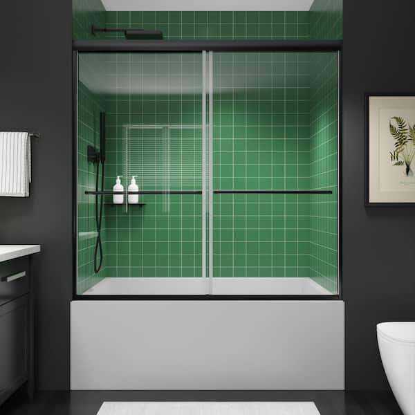 56-60 in. W x 58 in. H Semi Frameless Sliding Bathtub Shower Door in Black with 1/4 in. (6mm) Tempered Glass Shower Door