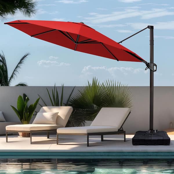 11 ft. Octagon Aluminium 360° Rotation Cantilever Tilt Outdoor Patio Umbrella in Red With Wheeled Base