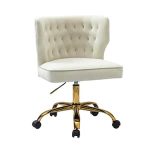 Rudolf Ivory Tufted Upholstered Height-adjustable Swivel Ofiice Sliding Chair with Gold Metal Legs