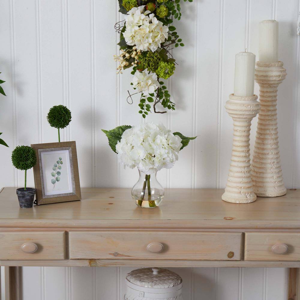 CloudSoft Hydrangea Outdoor Tabletop Arrangement with Glass Vase