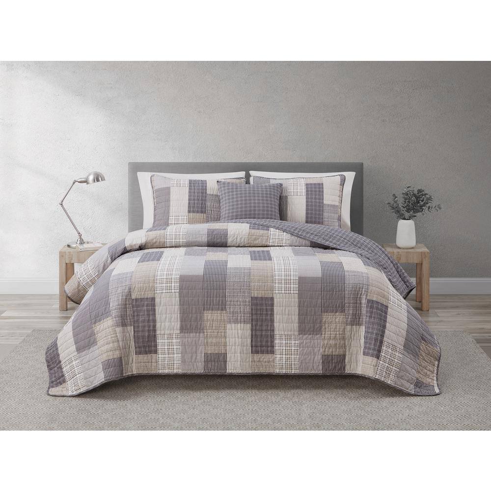 HOME RETREAT Lakeshore Plaid Grey Soft Cotton 3 Piece Quilt Set King