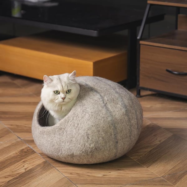 Runesay Beige Wool Cat Cave Bed -Handmade Wool Cat Bed Cave with