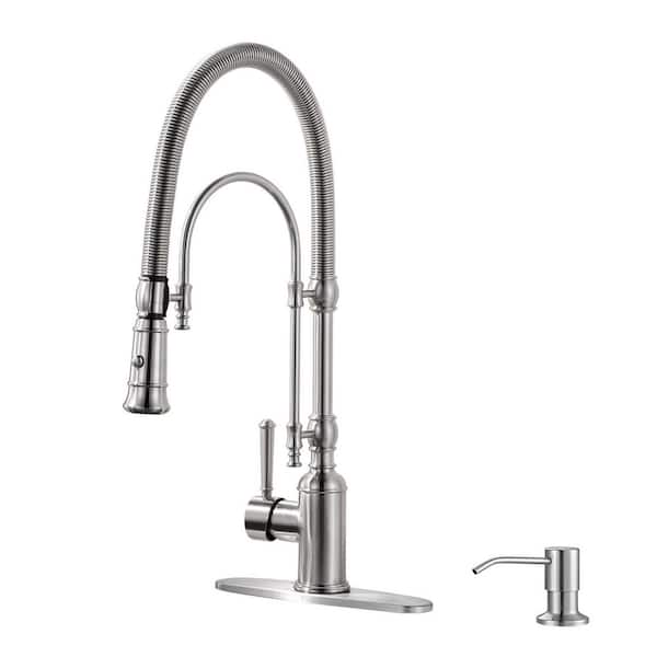 Single-Handle Deck-Mount Semi-Commercial Spring Pull-Down Sprayer Kitchen Faucet with Soap Dispenser in Brushed Nickel