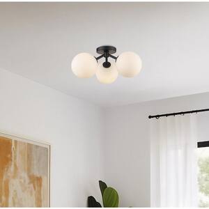 Haskell 16 in. 3-Light Black Flush Mount Ceiling Light Fixture with White Opal Glass Shades