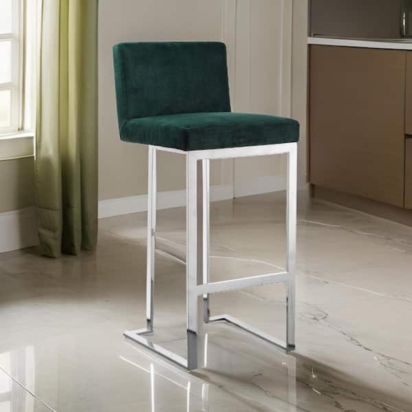 Benjara 30 in. Green and Silver Low Back Metal Frame Bar Stool with Velvet Seat