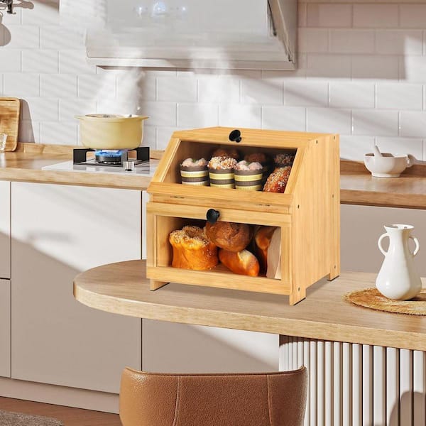 JFVKAF Farmhouse Bamboo Bread Box Countertop with Large Capacity