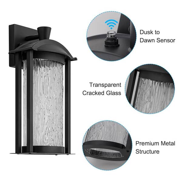 Acerbis 14.57 in. Modern Black Rectangle Integrated LED Outdoor Wall Lantern Sconce with Dusk to Dawn