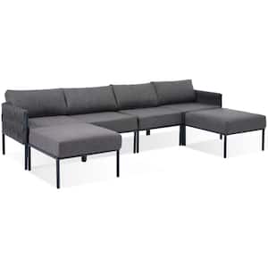 6-Piece Black Aluminum Patio Furniture Outdoor Conversation Set Sectional Sofa with Gray Cushions