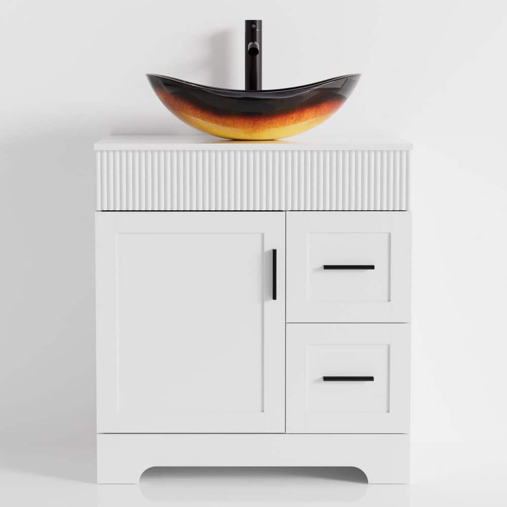 30 in. W x 20 in. D x 32 in. H Single Sink White Bath Vanity with Brown Oval Glass Vessel Sink Top price history on PriceWatchPro
