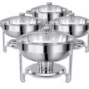5 qt. Silver Stainless Steel Round Chafing Dish Buffet Set with Clear Lids and Lid Holders