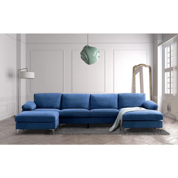 null 128.3 in. W Rolled Arm 4-Piece Fabric U Shaped Sectional Sofa in Blue