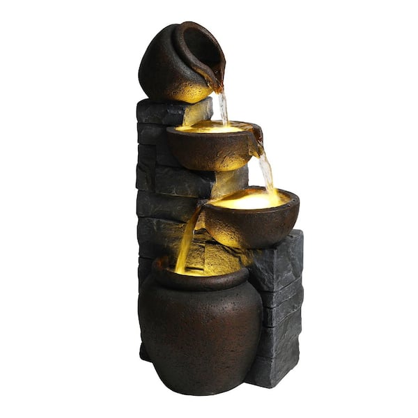 4-Tier Resin Cascading Pot Water Fountain with LED Lights, Stone-Look Garden Waterfall for Patio