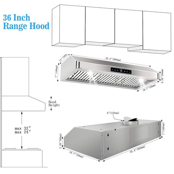 36 in. 1200 CFM Ducted Under Cabinet Range Hood in Stainless Steel with 4-Speed Settings and Gesture Control