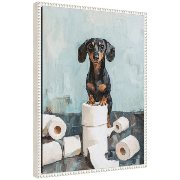 Kate and Laurel Sylvie "Cute Dachshund Dog Bathroom Art" by The Creative Bunch Studio Beaded White Framed Art Print 18 in. x 24 in.