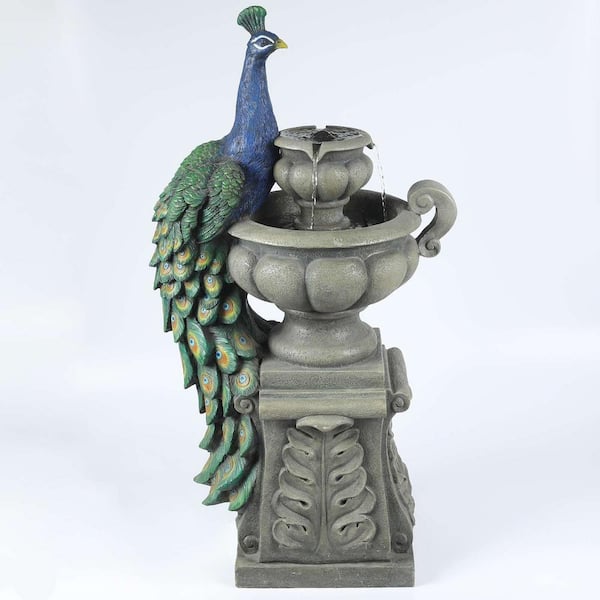 LuxenHome Resin Roma Tiered Urns and Peacock Outdoor Patio Cascade Fountain