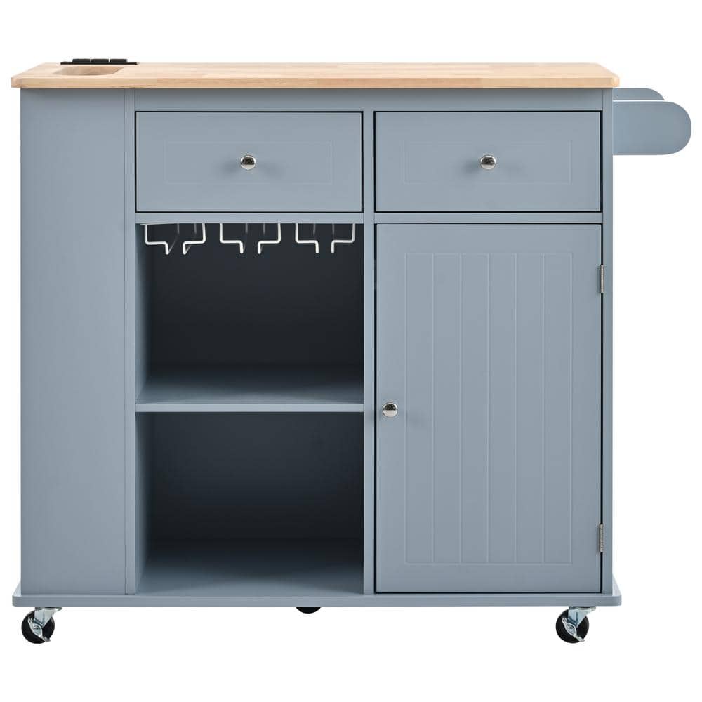 Grey Blue Rubber Wood Kitchen Cart with Drop-Leaf, Power Outlet, 5-Wheels, 