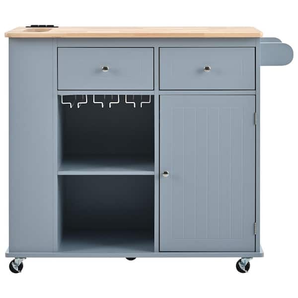 Unbranded Grey Blue Rubber Wood Kitchen Cart with Drop-Leaf, Power Outlet, 5-Wheels, Open Storage and Wine Rack