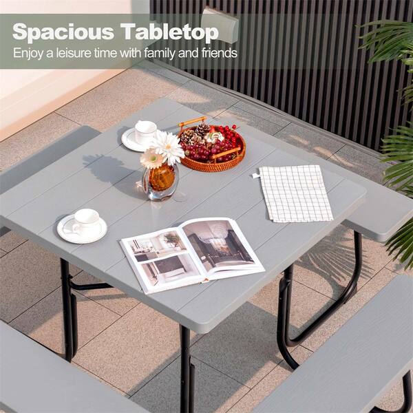 Costway 67 in. Gray Square Metal Picnic Table Set 8-Person with 4