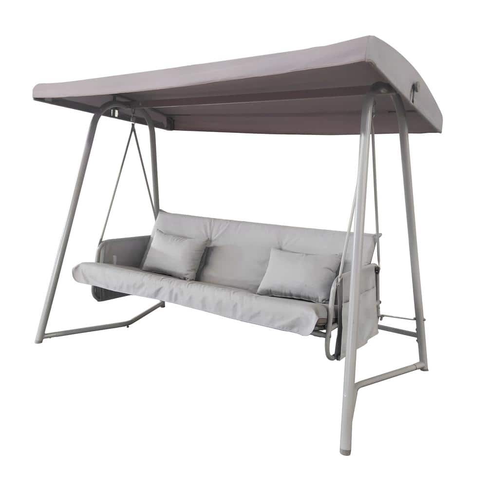 Champagne 3-Person Metal Patio Swing Chair, Outdoor Swing Bed with Cushion 