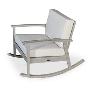 Driftwood Gray Finish Eucalyptus Wood Outdoor Rocking Chair with Sand White Cushion for Garden, Poolside, Backyard