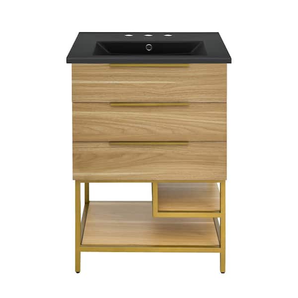 Swiss Madison Carre 24 in. White Oak Bathroom Vanity with Black, 3-Hole Ceramic Sink Top