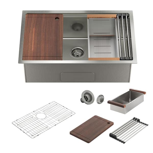 30 in. Undermount Single Bowl 18-Gauge Stainless Steel Kitchen Sink with Cutting Board, Rolling Drying Rack, Drain, etc