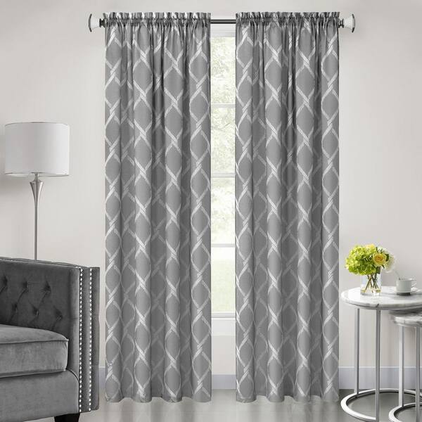 Polyester Light Filtering Curtain Panel, Dark Grey Curtains With White Pattern