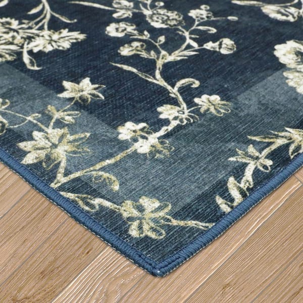 Aria Border Chenille Dark Navy 2 ft. x 9 ft. Floral 2-Piece Rug Set