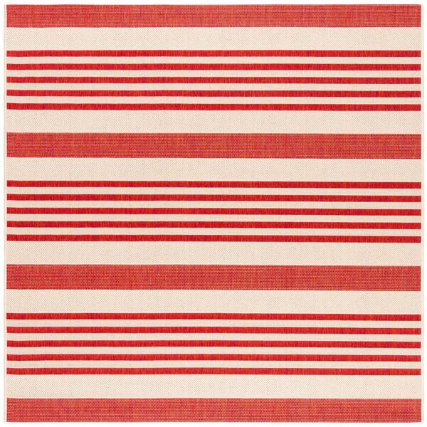 Beach House Beige/Red 4 ft. x 4 ft. Striped Indoor/Outdoor Square Area Rug