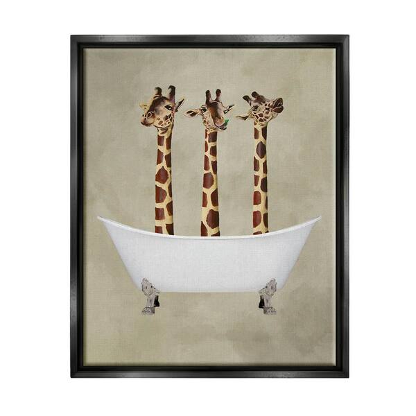 Three Giraffes in A Bathtub By Coco De Paris Floater Frame Animal Wall Art Print 25 in. x 31 in.