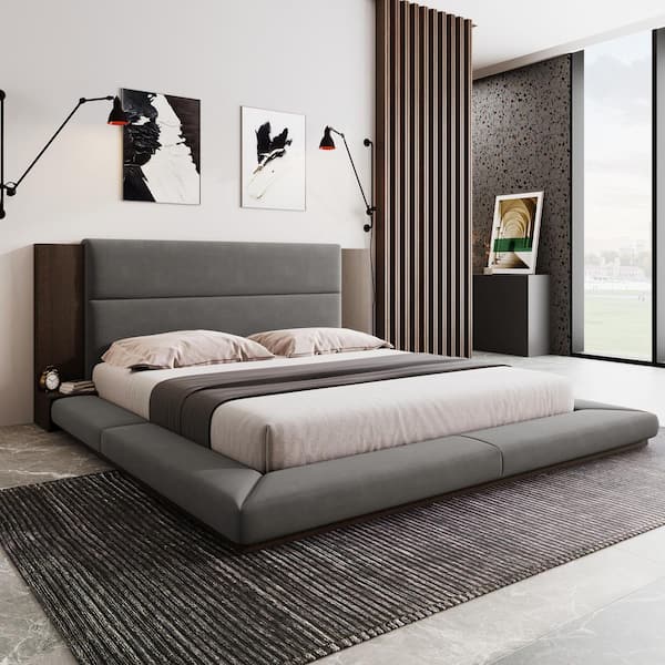 Bblythe Modern Gray Upholstered Velvet Wood Frame King Floor Platform Bed with Headboard, Bedside Shelf