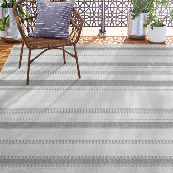 Tripoli Mateo Gray/Cream 8 ft. x 10 ft. Striped Indoor/Outdoor Area Rug