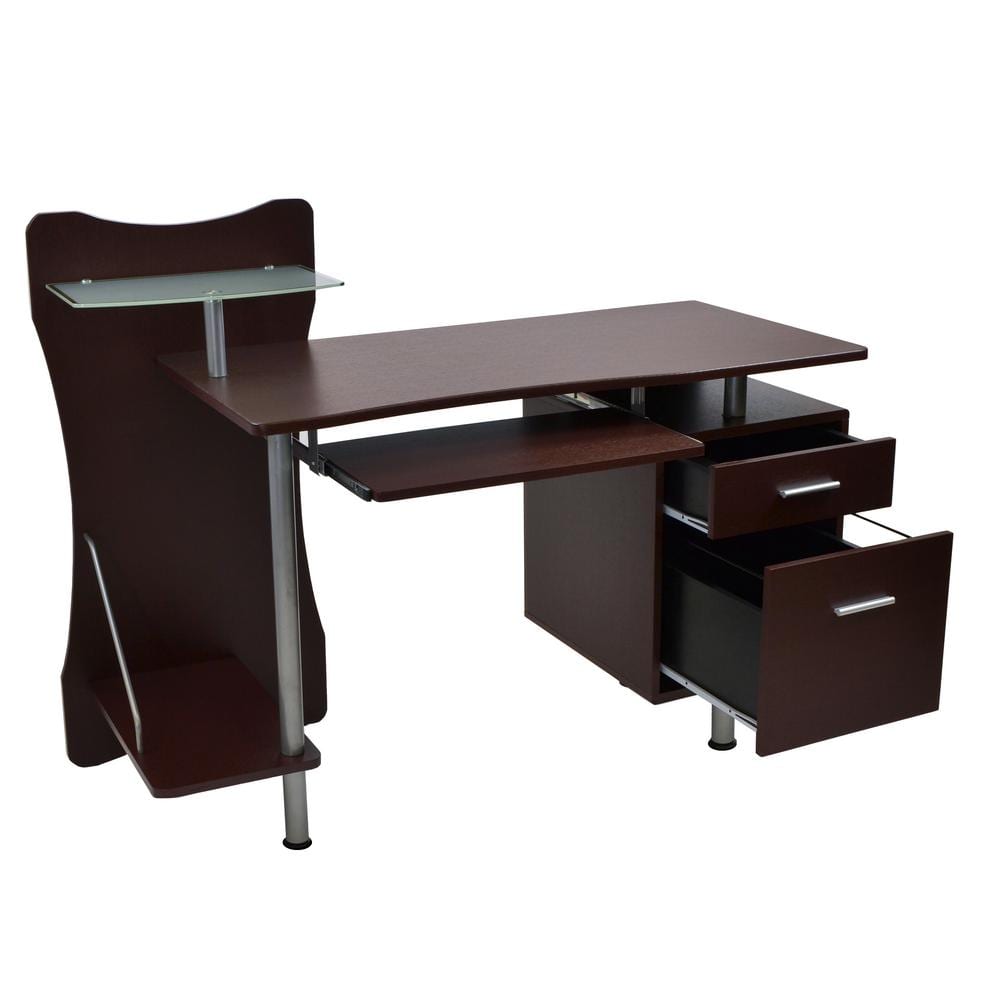 Chocolate Brown Wood Computer Desk with Storage and Keyboard Tray