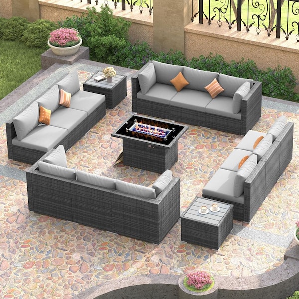 15-Piece Large Size Gray Wicker Patio Conversation Sofa Set with Light Gray Cushions Fire Pit Table and Coffee Tables