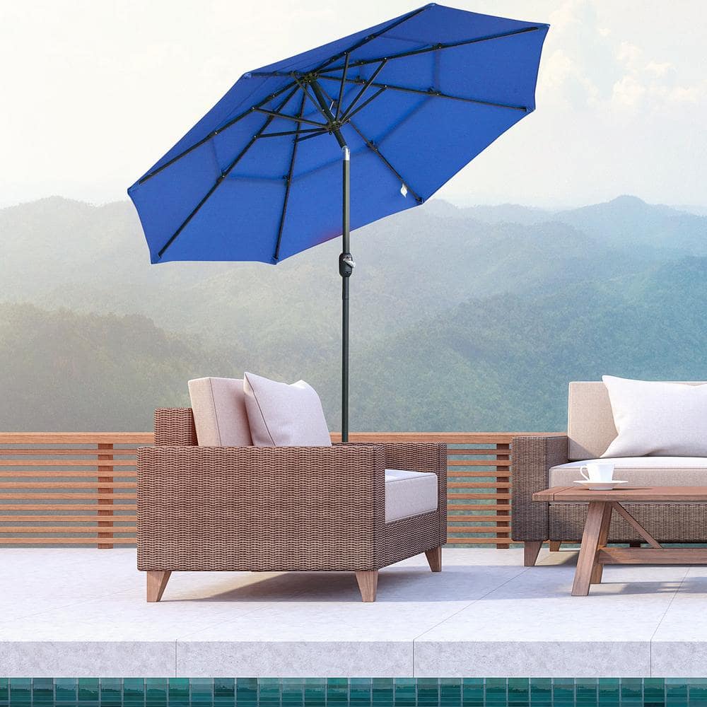 9ft Dark Blue 3-Tier Patio Umbrella with Crank and Tilt